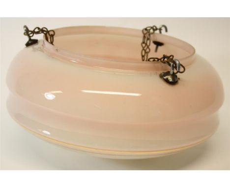 An Art Deco ceiling light in a pink colourway and gold horizontal bands.  30cm diameter. 