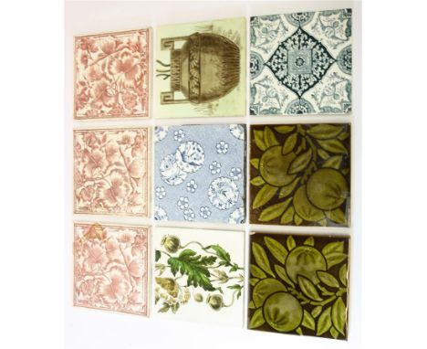 Two 19th Century Maw & Co ceramic tiles, decorated with oranges and leaves, in a dark green glaze.  To include a Minton tile 