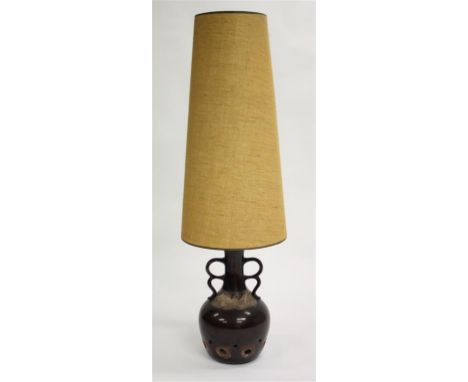 A West German pottery "Fat Lava" floor lamp.  With large tapered hessian shade.  Combined height 122cm.  