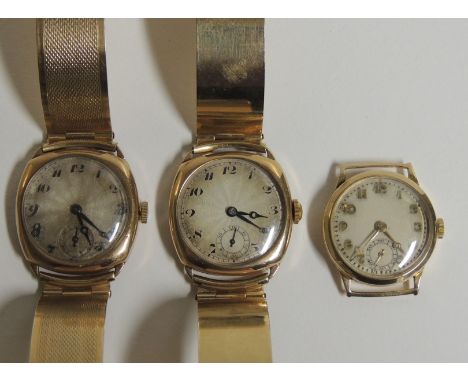 A gents 9ct gold cased, cushion-shaped, manual wind wristwatch on adjustable gold plated bangle type strap, another similar, 
