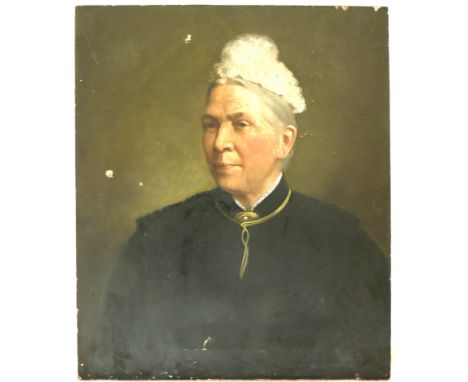 19TH CENTURY ENGLISH SCHOOL - Portrait of a woman wearing a white lace cap, head and shoulders, oil on canvas, unframed, 61cm