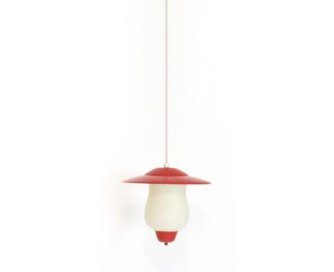 A 1950's red enamelled pendant ceiling light with a shaped glass shade CONDITION REPORT: Some wear and marks, working order u