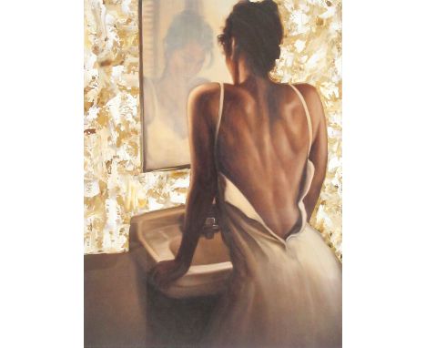 20th Century School,a woman at a basin looking into a mirror,unsigned,lithographic print hand-embellished with oils,79 x 58 c