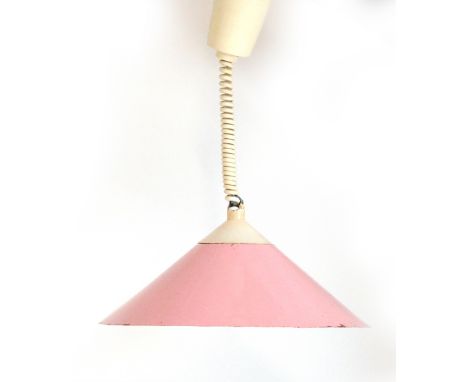 A 1960's pink enamelled ceiling light of trumpet form by Lyskaer CONDITION REPORT: Some wear and marks, working order unknown