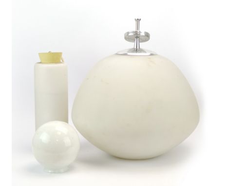 A Troughton &amp; Young squat matt glass ceiling light on a stainless steel shaft, together with a cylindrical glass light an