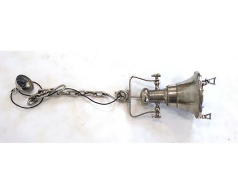 A chrome plated ship's bell converted into a ceiling light, h. 51 cm