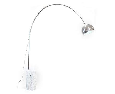 Achille Castiglioni for Flos, an 'Arco' floor lamp with a white marble base and a stainless steel adjustable arc, label to th