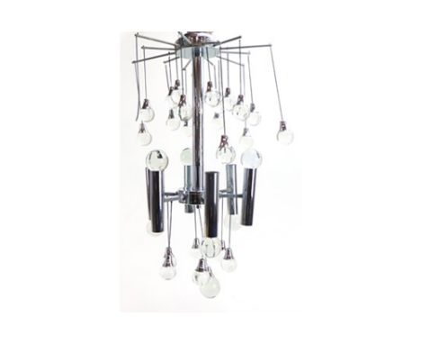In the manner of Gaetano Sciolari, a three-tier ceiling light with suspended 'raindrop' spots