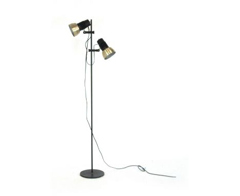 A black and brass finished twin spot standard lamp CONDITION REPORT: Will require a plug- working order unknown, some wear.