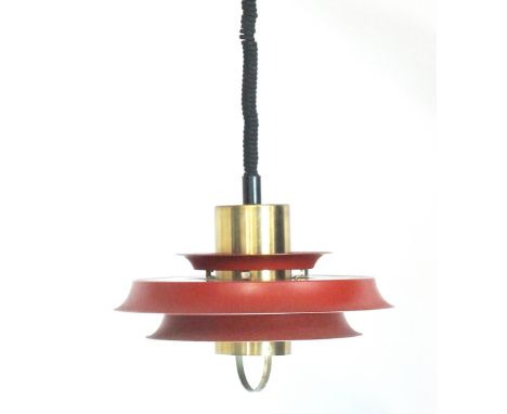 A 1950/60's brass and red enamelled three tier pull-down ceiling light CONDITION REPORT: Some wear and marks, working order u