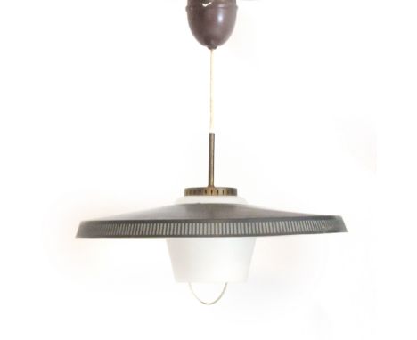 A 1950/60's ceiling light, the central glass shade with a black tole top and brass shaft CONDITION REPORT: Some wear and mark
