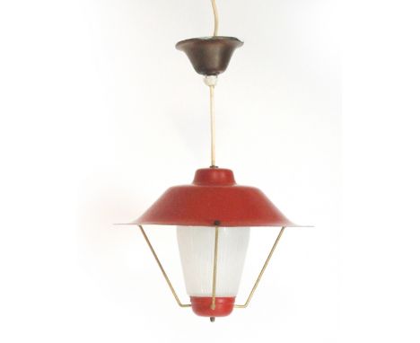 A 1950's red enamelled ceiling light with three brass finished supports and an etched glass shade CONDITION REPORT: Some wear