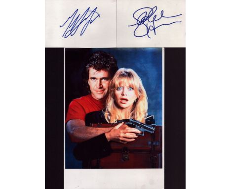 Mel Gibson and Goldie Hawn signed separate 6x4 inch white cards with unsigned 12x8 inch Birds in a Wire Colour Photo.  Good c