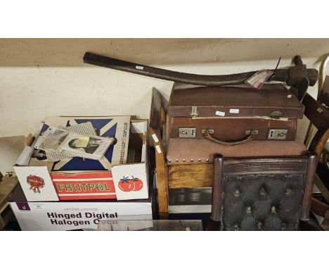 HINGED DIGITAL HALOGEN OVEN IN BOX, QUANTITY OF RECORDS, STANLEY BAXTER MEMORABILIA, OLD AXE TOOL, CASE CONTAINING SHEET MUSI