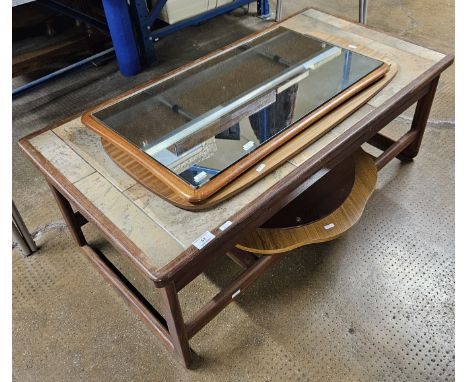 MID CENTURY TILE TOP TEAK FRAMED COFFEE TABLE WITH UNDER SHELF AND 3 TEAK FRAMED MID CENTURY WALL MIRRORS      