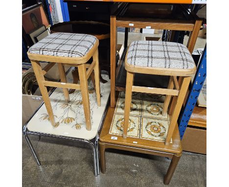 TEAK TILE TOPPED TABLE, 1970'S CHROME FINISHED TABLE, PAIR OF 70'S KITCHEN STOOLS, 2 TIER TEAK TROLLEY, OCCASIONAL MAHOGANY T