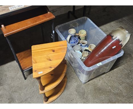 BOX CONTAINING THE QUANTITY OF BEER STEINS, 2  MODERN SHELF UNITS, LARGE POTTERTY VASE      