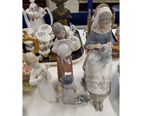 LARGE LLADRO LADY SEWING FIGURE, 3 SMALLER LLADRO AND NAO ORNAMENTS      