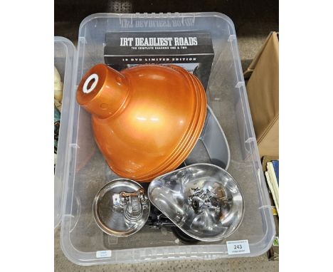 BOX CONTAINING 3 RETRO LIGHT SHADES, DVD SET, RETRO KITCHEN SCALES      
