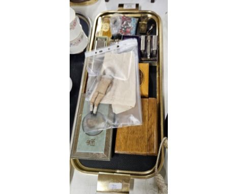 TRAY CONTAINING MAUCHLINE WARE GRASS MARKET BOX,VINTAGE GILLETTE RAZOR IN BOX, 2 MOUTH ORGANS ECHO &amp; HOHNER, ROYALTY TIN,