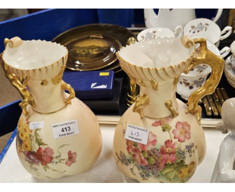 PAIR OF 8" ROYAL WORCESTER FLORAL HAND PAINTED SHELL DESIGN EWERS      