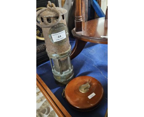 MINERS LAMP BY HAILWOODS, SURVEYORS LEATHER BOUND JOHN RABONE &amp; SONS BIRMINGHAM MEASURING TAPE      