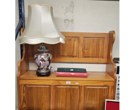 PINE HALL SETTLE, MODERN TABLE LAMP AND SHADE PLUS ALBUMS OF VARIOUS STAMPS      