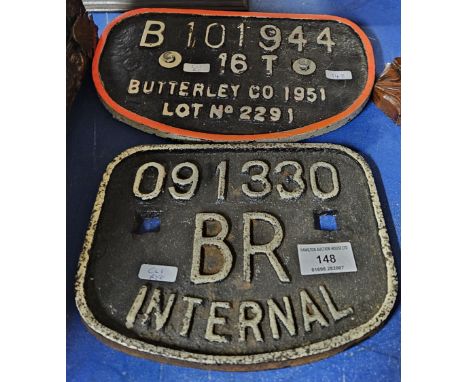 2 RAILWAY ENGINE PLATES, BR INTERNAL 091330, BUTTERLEY CO 1951 B101944 16 TON