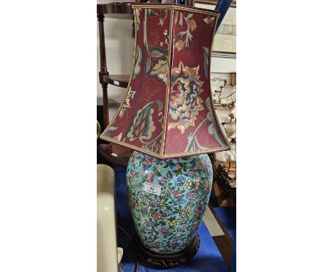 HAND PAINTED CHINESE LAMP ON CARVED WOODEN PLINTH AND SHADE      
