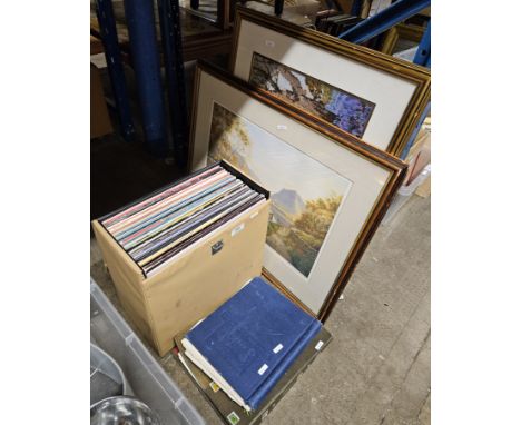 FRAMED PRINT, FRAMED TAPESTRY PICTURE, 2 ALBUMS OF STAMPS AND QUANTITY OF LP RECORDS INCLUDING, PAUL MCARTNEY, THE POLICE, QU