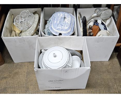4 BOXES CONTAINING VARIOUS LIDDED VICTORIAN TUREENS, MAGNIFYING GLASS, NAO STYLE FIGURINES, NORITAKE DINNER SET, DRESSING TAB