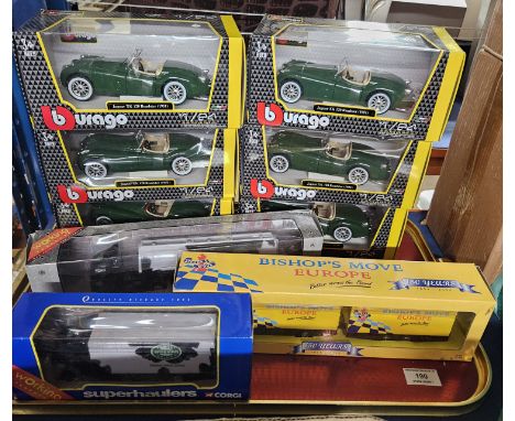 TRAY CONTAINING VARIOUS BOXED MODEL CARS, 6 JAGUAR XK120 ROADSTER, CORGI WISEMAN DAIRY TANKER LORRY, BISHOPS MOVE LORRY      