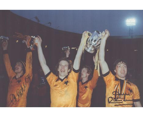 Autographed WOLVES 12 x 8 photo : Col, depicting Wolves KENNY HIBBITT, Andy Gray and JOHN RICHARDS celebrating with the Leagu