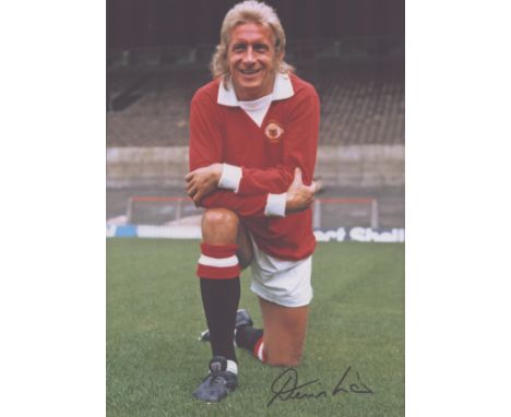 Autographed DENIS LAW 12 x 8 photo : Col, depicting Manchester United centre-forward DENIS LAW striking a wonderful full leng