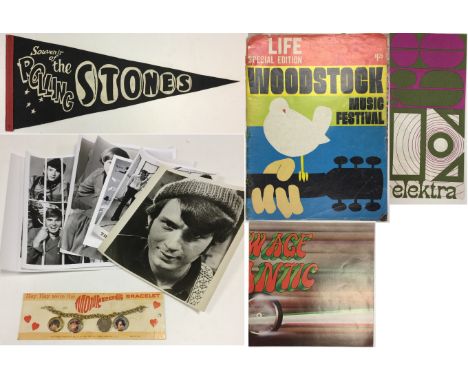 1960S MEMORABILIA. Collection of 1960s ephemera to include: Rolling Stones souvenir pennant, Woodstock Life magazine, Elektra