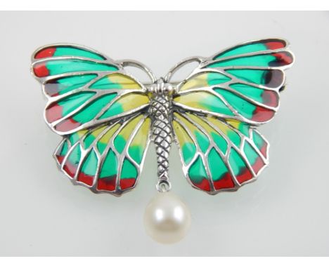 A silver plique-a-jour and pearl butterfly brooch.