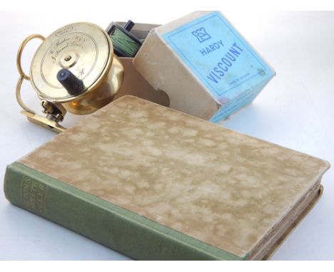 A Mallochs Patent sidecaster fishing reel, 4 inch model together with a boxed Hardy Viscount 130 reel and a 1925 edition of W