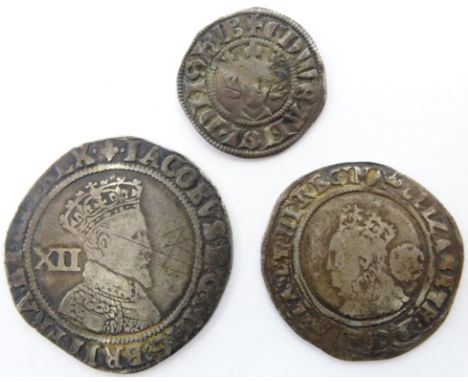 James I shilling, first coinage 1603-4, Queen Elizabeth I 1569 sixpence and a hammered penny