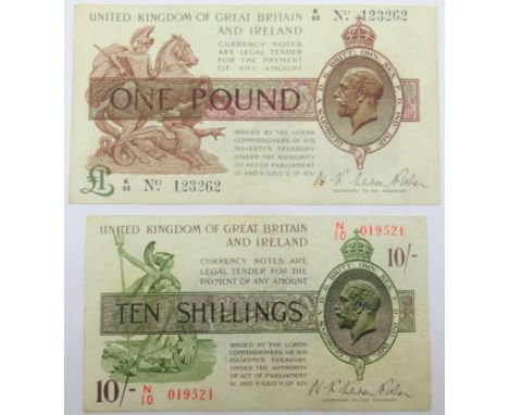 Two Great British Warren Fisher banknotes, first issue one pound, prefix 'K92' and second issue ten shilling, prefix 'N10' 