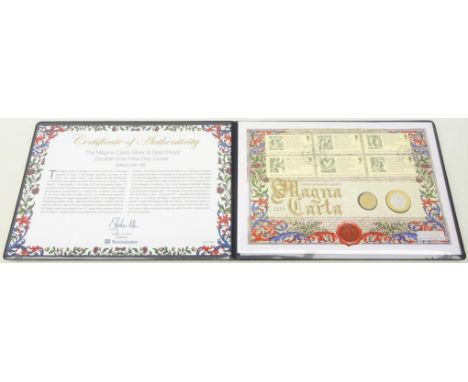 'The Magna Carta Silver &amp; Gold Proof Double Coin First Day Cover'; containing a 2015 9 carat gold Magna Carta one penny a