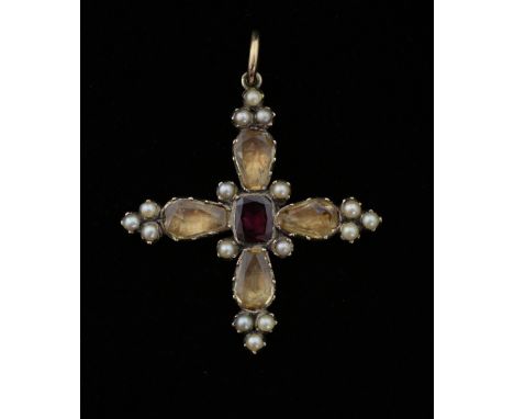  Georgian topaz and garnet pendant cross, set with four old pear cut pale yellow stones, with seed pearl set terminals, in a 