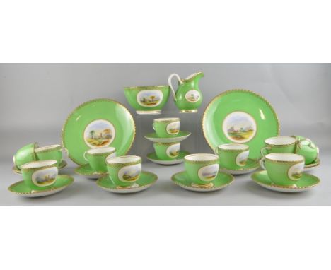 19th Century English green and gilt bordered part tea service, comprising basin, jug, two plates, twelve cups and twelve sauc