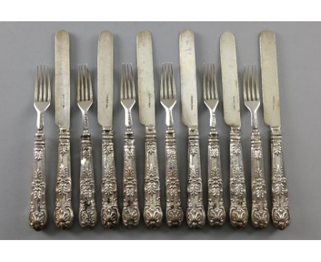 Set of six Victorian King's pattern fruit knives and forks, by Harrison Bros. & Howson, the handles marked TS, Sheffield, 185