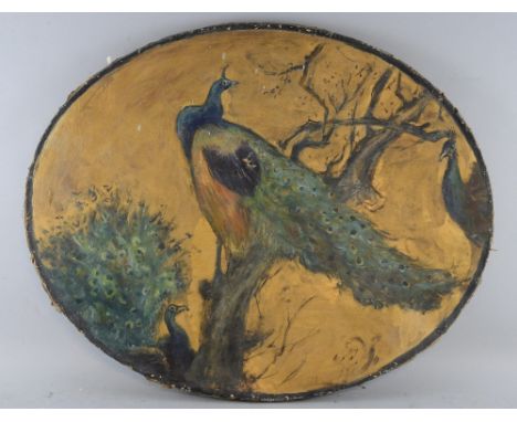 Study of three peacocks unsigned oil on canvas 56cm x 70cm Provenance; Gifted by Rosemary Tonks 1928-2014, to the vendor when
