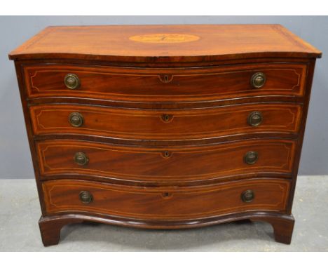 George III mahogany serpentine commode with a secretaire drawer (later inlay,) 83cm x 107cm x 58cm