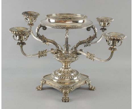 Four branch silver plated table centre with removable candle sconces and central ring, the foliate cast centre column with pl