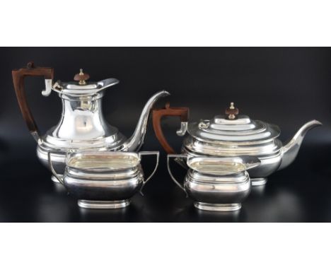 George V silver four piece tea and coffee service, comprising tea pot, coffee pot, cream jug and sugar bowl, by Roberts & Bel