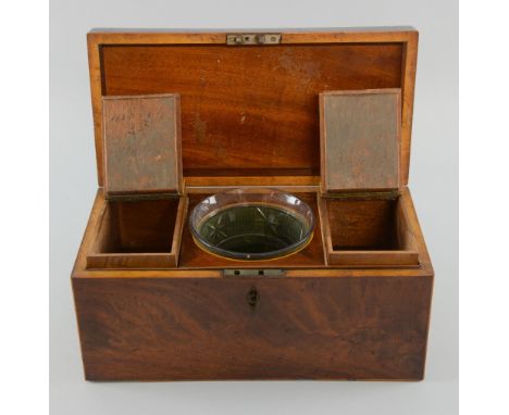 George III mahogany tea caddy opening to reveal two covered caddies and a central glass bowl 30cm 