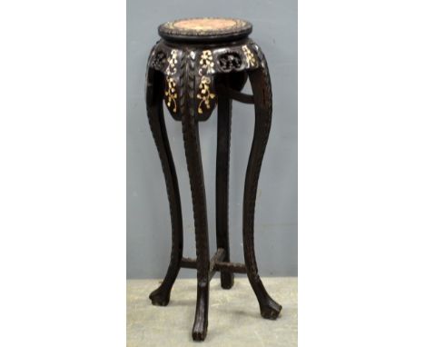 19th Chinese carved hardwood table inset with mother of pearl, with marble top, 95cm high,