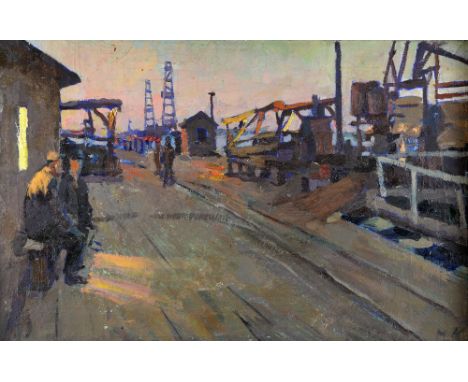M Kazansky (Russian b1931) 'Evening at the oil Refinery'  oil on canvas, signed dated verso 1958.  50cm x 76cm Provenance:   